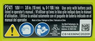 Дриль-шуруповерт прямокутний, 18 В, акумулятор, 1100 об/хв, 3/8 дюйма (тільки інструмент), 241