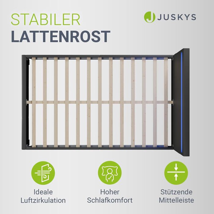 Ліжко Juskys Paris з м&39якою поверхнею 120x200 см - Каркас ліжка зі світлодіодним освітленням, рейковою основою та матрацом - сірий - штучна шкіра - Односпальне ліжко, дитяче ліжко, темно-сірий 120 x 200 см