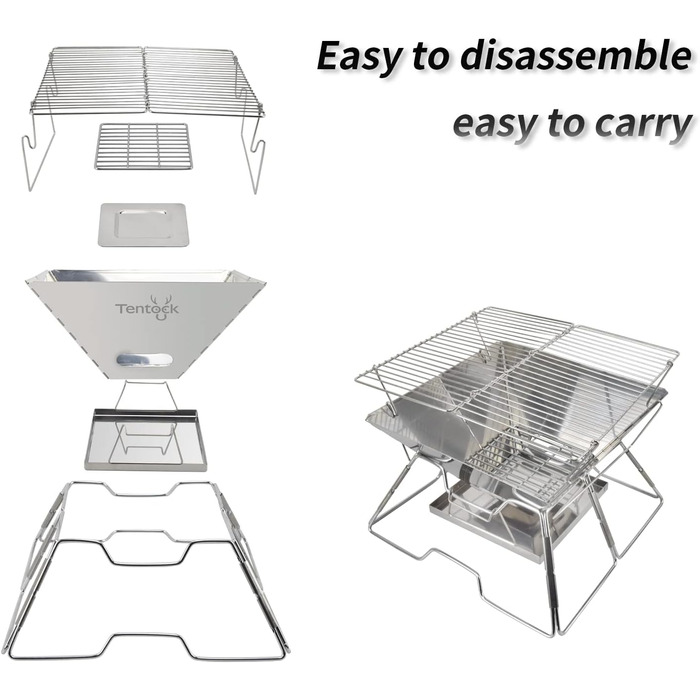 Портативний гриль на деревному вугіллі Tentock, гриль для пікніка, кемпінговий складаний гриль, нержавіюча сталь, відкритий плоский гриль для барбекю, вітрозахисний кемпінговий гриль з сумкою для перенесення для саду, походів, пікніка, риболовлі, срібляст