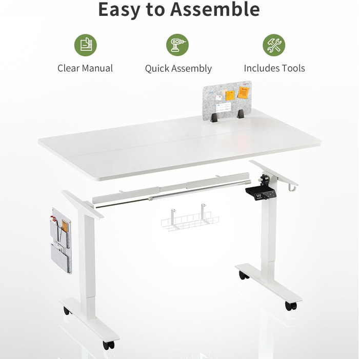 Письмовий стіл з регульованою висотою (120 x 60 см) Комп&39ютерний стіл з електричним регулюванням висоти, 4 режимами пам&39яті, дошкою для записів та колесами, що обертаються на 360 Стіл SN1 120 x 60 см Білий біла рама