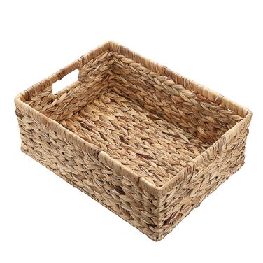 Плетений кошик для зберігання з водяного гіацинта з ручкою, плетений кошик з натуральними полицями, водонепроникний, для зберігання одягу, постільної білизни, фруктів, пива, іграшок, паперів, живих товарів (XL) 40,5x30,5x15 см