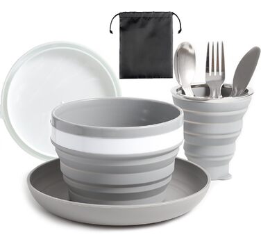 Набір тарілок та мисок для кемпінгу на 1 особу - Складані портативні тарілки та миски, набір столових приборів для подорожей та активного відпочинку