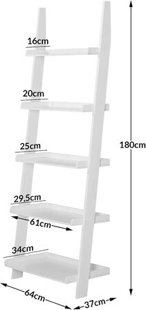 Полиця-драбина Casaria Біла 180x65 см 5 полиць, вантажопідйомність 10 кг кожна, Дерев&39яна, Велика, Декоративна, Квіти, Книги, Ванна кімната, Вітальня, Кухня, Окремостояча полиця, Книжкова полиця, Полиця