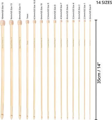 Розмірів) Гачок для вязання гачком Bamboo 35 см кожен Розміри 2 мм - 10 мм Гачки для вязання гачком Bamboo Crochet Hook Set Дерево для вязання гачком для початківців і професіоналів, 14