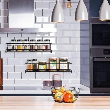 Металева підставка для спецій GEEDIAR - Підвісна кухонна полиця з 4 предметів, самоклеюча підставка для спецій (не потребує свердління) для стін, кухонних шаф, дверцят кухонних шаф, декоративних предметів, стільниць, 29 x 6,35 x 6 см, чорна