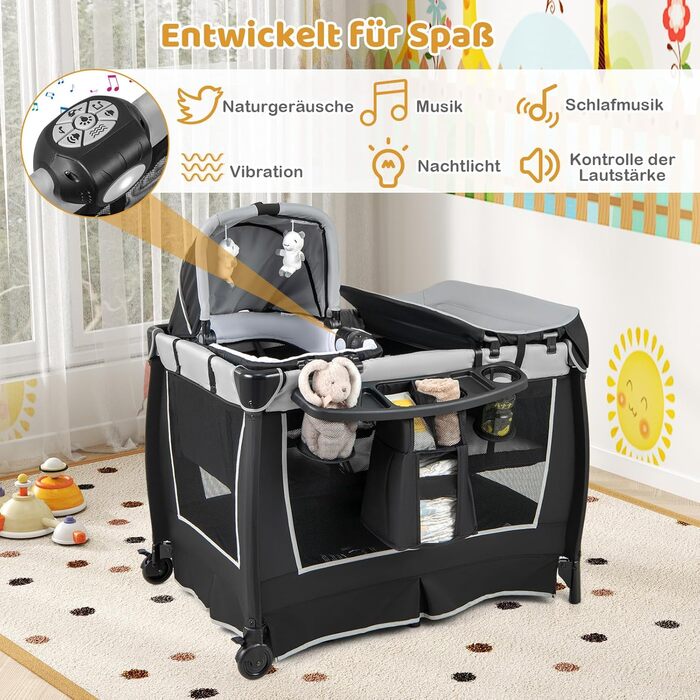 Ліжечко-дорожнє COSTWAY 6-в-1 з матрацом, портативна дитяча колиска з регульованим балдахіном, складне дитяче ліжко/спальне місце з пеленальний килимок, музичний мобіль та сумка для перенесення для дітей до 3 років, вантажопідйомність 15 кг (сірий) (1 упа