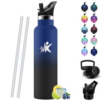 Пляшка для води HoneyHolly 750 мл без BPA з нержавіючої сталі, герметична двостінна ізольована пляшка з трубочкою, нержавіюча сталь 18/8, термос - морський зелений, світло-фіолетовий, темно-синій та чорний - 750 мл