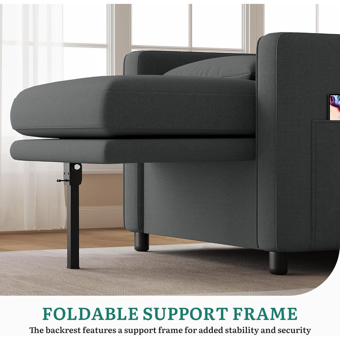 Крісло-ліжко з функцією сну 19288, розкладний диван-ліжко 3-в-1, регульоване одномісне крісло з подушкою та бічною кишенею, диван з функцією сну для вітальні-квартири, темно-сірий
