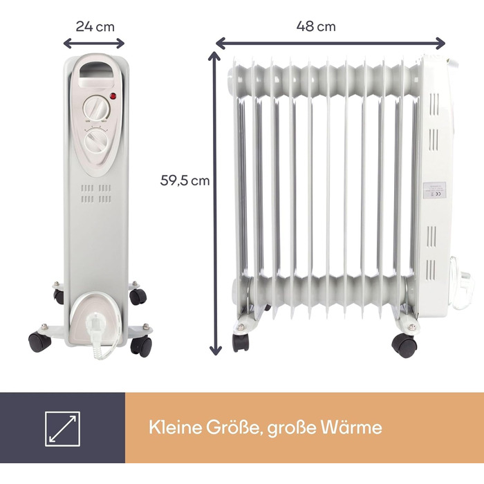 Масляний радіатор Perel потужністю 2500 Вт з 11 ребрами, 3 режимами нагріву, регульованим термостатом, ручкою, колесами, захистом від перегріву та перекидання, тихий та енергоефективний радіатор для великих приміщень площею до 30 м, 2500 Вт (стандарт)