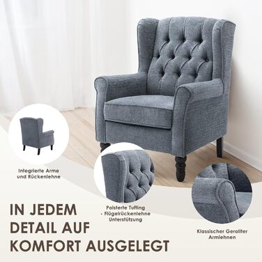 Крісло для вітальні COLAMY у стилі середини століття, м&39яке крісло з вигнутою спинкою та прошивкою ґудзиками, крісло для відпочинку з тканинним чохлом та ніжками з масиву дерева для вітальні, офісу, кафе - синє, комплект з