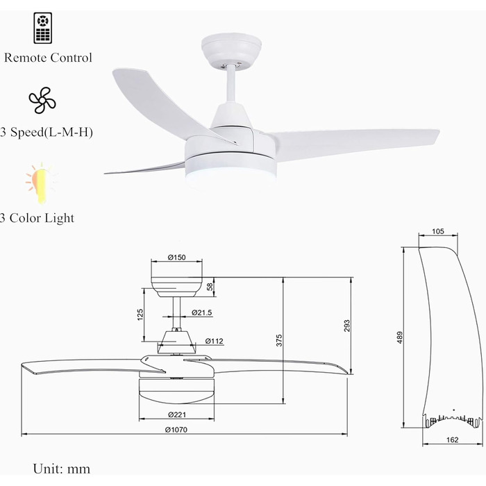 Стельовий вентилятор CJOY з підсвічуванням і дистанційним керуванням, білий стельовий вентилятор 106 см з підсвічуванням, реверсивний тихий двигун постійного струму-3 кольори-регулювання затемнення-6 швидкостей-таймер, 3 леза, спальня