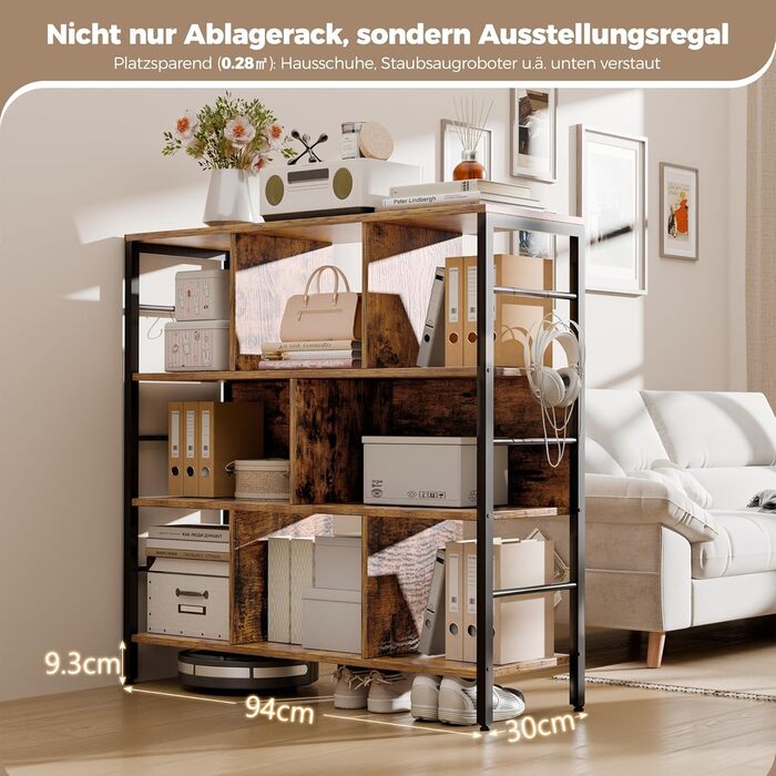 Книжкова полиця ELUCHANG, окремостояча полиця з 8 відділеннями, 3-рівнева полиця з безкоштовними гачками, для вітальні, спальні, кабінету, кухні, 30x94x95 см, вінтажний коричнево-чорний