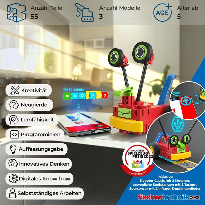 Набір fischertechnik 559889 ROBOTICS Early Coding конструктор для дітей від 5 років, набір для створення 3 моделей роботів, програмування, двигуни та сенсори