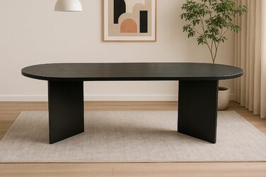 Обідній стіл SAM Ovi 204 x 90 см Деревина чорного кольору Стільниця товщиною 40 мм V-подібні ніжки Овальний обідній стіл з прямими краями Дерев&39яний обідній стіл Дерев&39яний обідній стіл 204 x 90 см Чорний