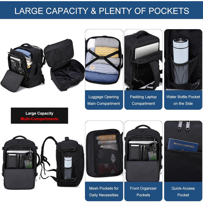 Рюкзак для ручної поклажі 40x30x20 см для Ryanair, 40x30x25 см для Eurowings, невеликий дорожній рюкзак об&39ємом 24 л, ручна поклажа, рюкзак для ноутбука для чоловіків та жінок, чорний. Black-b 40x30x20 см (24 л)