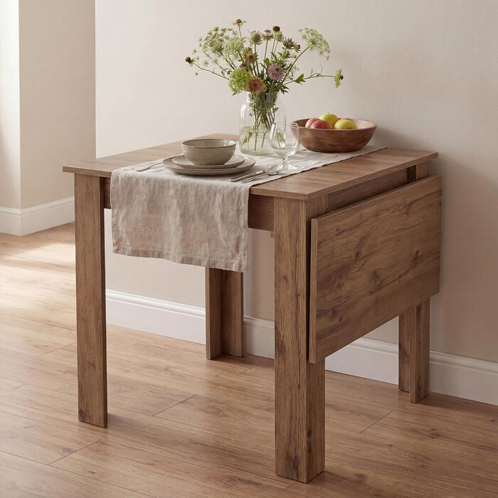 Розсувний обідній стіл B&D home LIVIUS 80120 x 80 см сучасний кухонний стіл під дуб, компактний, з вбудованим місцем для зберігання подовжувальних дощок, дерев&39яний стіл для кухні та їдальні