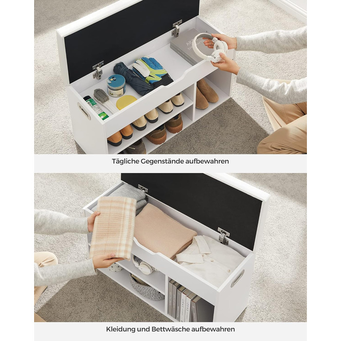 Підставка для взуття VASAGLE з сидінням, лавка з місцем для зберігання, м'яка, 3 відкритих відділення, відділення під подушкою сид