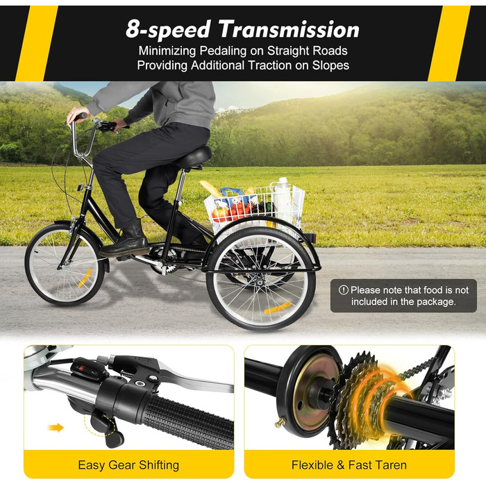 Дюймовий триколісний велосипед для дорослих, 3-колісний 8-швидкісний велосипед для старших людей з кошиком для покупок, триколісний велосипед для їзди на свіжому повітрі, міський велосипед для відпочинку, велосипед для старших людей з редуктором для покуп
