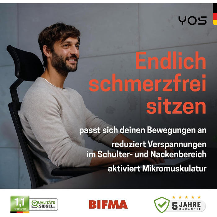 Ергономічне офісне крісло для людей з болями в спині Сітчаста спинка з поперековою опорою Підголівник для людей з болем у шиї Зроблено в Німеччині Офісне крісло 150 кг (Сучасне) Чорний Сучасний, 5