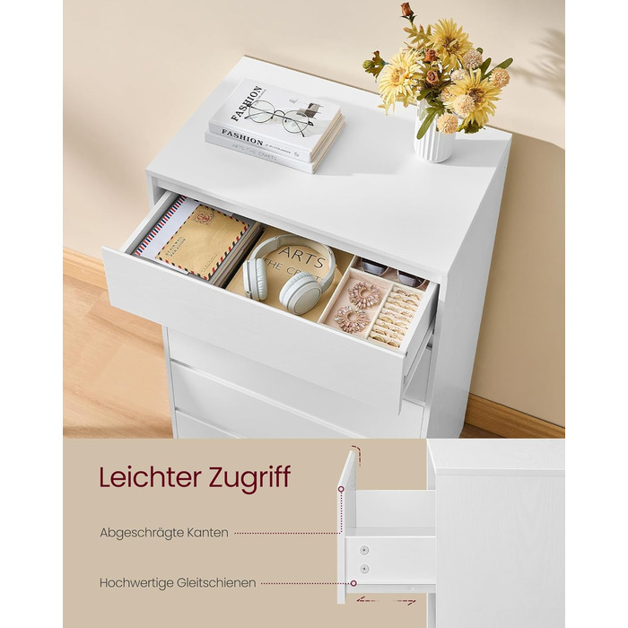 Комод VASAGLE з 5 шухлядами, комод, шафа з шухлядами, комод для білизни, для спальні, 40 x 60 x 97,4 см, колекція Modern Kailyn, білий LTS605WE01, 5 шухляд (60Ш см)