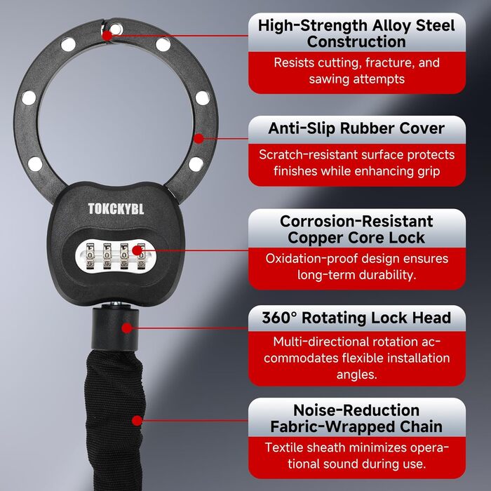 Міцний ланцюговий замок з кодом та чохлом 94 см x 8 мм, 4-значний цифровий код вологостійкий, захист від прослуховування та корозії для електросамокатів, велосипедів, мотоциклів. Надійний кодовий замок з ланцюгом та чохлом.