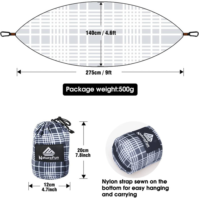 Туристичний кемпінг-гамак NATUREFUN 275 x 140 см преміум-класу максимальна вантажопідйомність до  300 кг дихаючий, швидковисихаючий з парашутного нейлону з 2 карабінами  сірий