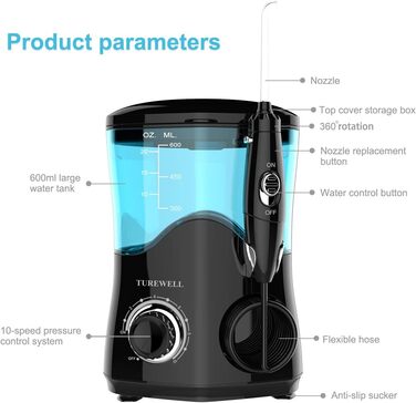 Електричний іригатор для ротової порожнини, професійний з 10 рівнями регулювання тиску води, резервуаром на 600 мл та 8 багатофункціональними насадками (Чорний)