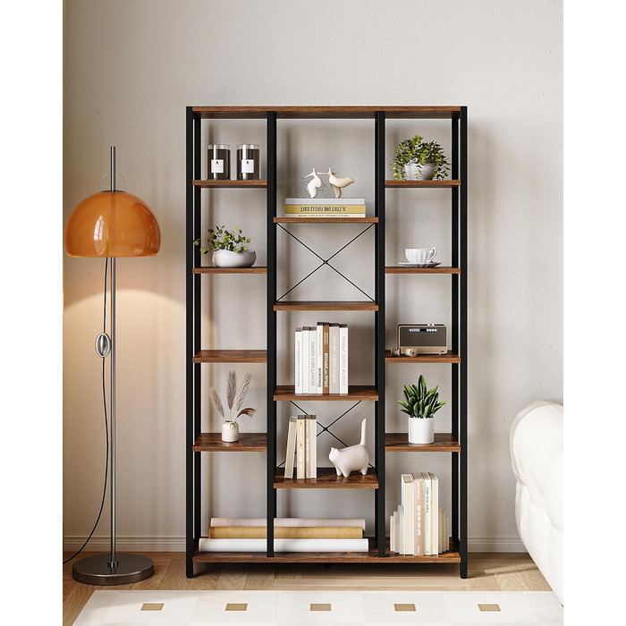 Книжкова полиця Hzuaneri, стояча полиця з 6 рівнями та 15 полицями, регульовані відкриті полиці, для вітальні, офісу, спальні, 30 x 100 x 170 см, вінтажний коричнево-чорний, BC15001B 30 x 100 x 170 см вінтажний коричнево-чорний