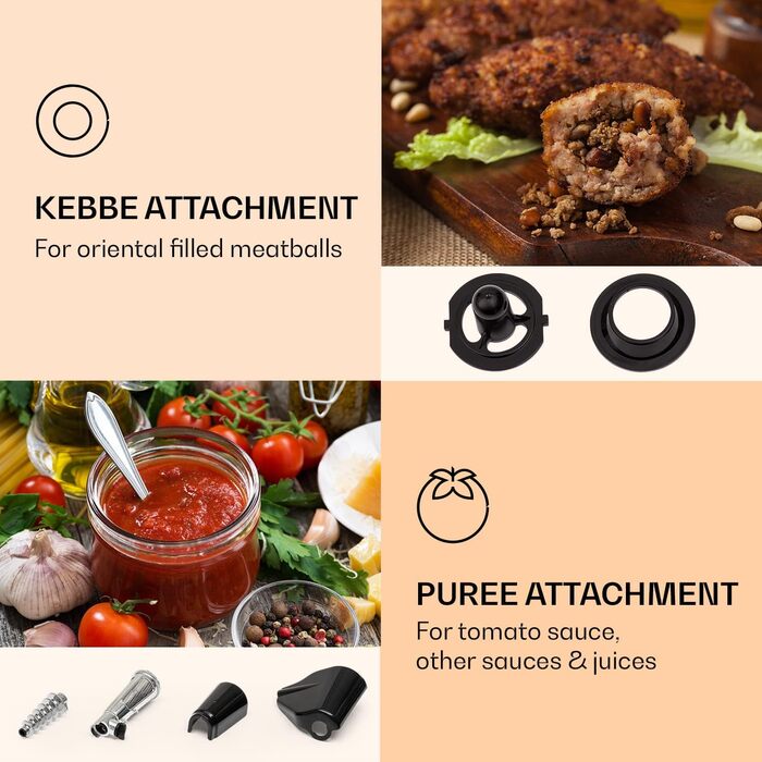 Електрична м'ясорубка Klarstein Mighty Mince - потужність від 500 до 1361 Вт, електрична м'ясорубка з насадками для ковбаси, кеббе