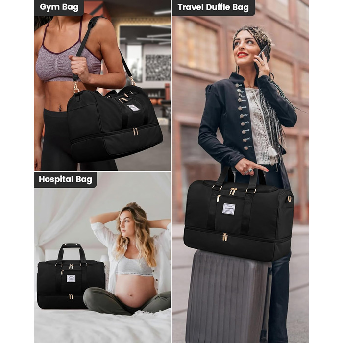 Жіноча спортивна сумка LOVEVOOK, дорожня сумка для вихідних з косметички, відділенням для взуття та вологим відділенням, водонепроникна спортивна сумка, сумка для занять спортом, подорожей, літака, чорна M A-black