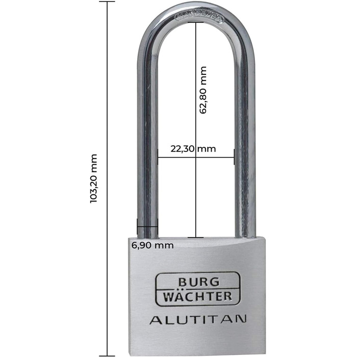 Замок навісний Burg-Wchter Alutitan 770 HB 40, 40 мм, з ключем, алюмінієвий, загартований, стійкий до корозії (товщина дужки 6,9 мм)