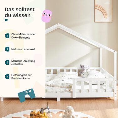 Дитяче ліжко Treviolo House 70 x 140 см, дерев&39яне, з поручнями, каркас ліжка Монтессорі з рейковою основою, соснове дерево, біле, 70 x 140 см