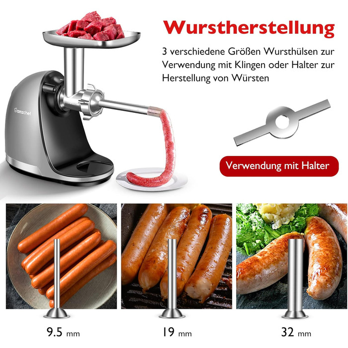 Аксесуари для м'ясорубки AMZCHEF для повільної соковижималки ZM1501 & GM3001 - ZM1501 Аксесуари - GM3001 Аксесуари - Без машини, в комплекті лише аксесуари - 3 леза, 4 ріжучі диски, 3 куточки для начинки ковбаси