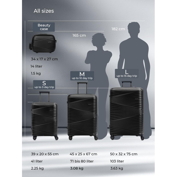 Ультралегка валіза для ручної поклажі з твердою оболонкою Маленький візок для ручної поклажі 39 x 20 x 55 см 41 літр Поліпропілен та TSA лише 2,25 кг (Колекція 02) Чорна металева валіза S (55 см)
