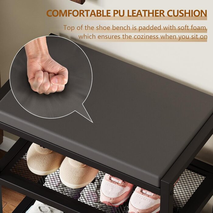 Лавка для взуття ZHOOGE із сидінням, лавка для зберігання, полиця для взуття з 2 дротяними полицями для передпокою, коридору, вітальні, металевий каркас, вантажопідйомність до 150 кг, 47 x 30 x 43 см, чорний