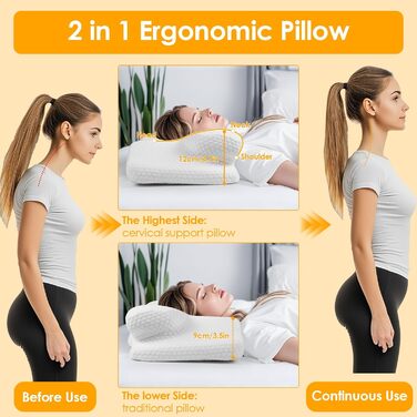 Подушка для шиї з піни з ефектом пам&39яті, ергономічна ортопедична подушка, регульована по висоті, подушка для сну на боці, спині та животі - 63 x 34 см x 9/12 см, біла