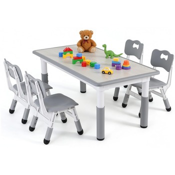 Дитячий комплект столу та стільців MAMIZO з 4 стільцями, регульований по висоті дитячий комплект столу та стільців для дитячого садка та дитячої кімнати, пластикові дитячі меблі, комплект сидінь для хлопчиків та дівчаток від 2 років, сірий 60 x 120 см (4 