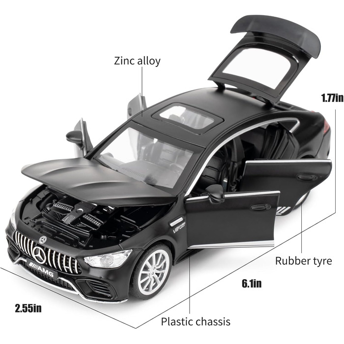 Модель автомобіля Benz AMG GT63 зі звуком і світлом від'їжджає назад зі звуком і світлом іграшковий автомобіль для хлопчиків дівчаток дорослих подарунок (чорний), 1/32