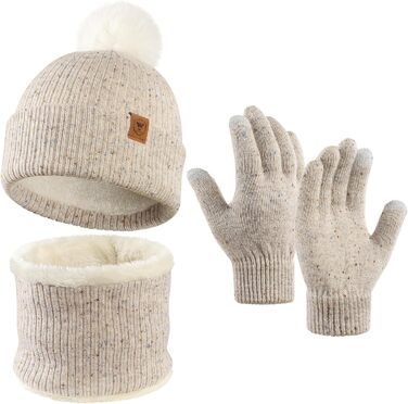 Дитячий зимовий комплект OZERO (6-12 років) - в&39язана шапка, шарф-петля, терморукавички з флісовою підкладкою, нековзні рукавички, теплий комплект із 3 предметів для хлопчиків та дівчаток, для ігор на вулиці та дитячого садка, бежевий
