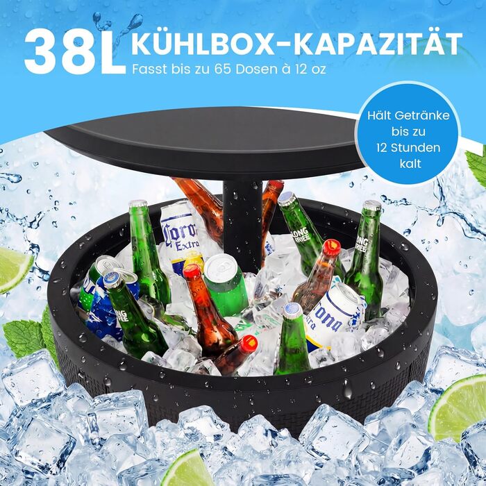 Вуличний всепогодний охолоджувальний стіл, бічний столик об&39ємом 38 л з підйомною кришкою, охолоджувач для напоїв для вечірок, саду, патіо (чорний)