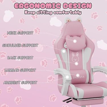 Ігрове крісло bigzzia з функцією масажу та підставкою для ніг ергономічне ігрове крісло для дівчат та дорослих, ігрове крісло з опорою для голови та попереку та котячими вушками (рожево-біле)