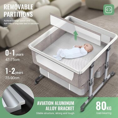 Односпальне ліжко для двох немовлят, дитяче ліжко для близнюків, колиска для близнюків, односпальне ліжко поруч зі мною, регульована висота в 6 напрямках, легко розкладне спальне ліжко, портативне дитяче ліжко кольору хакі