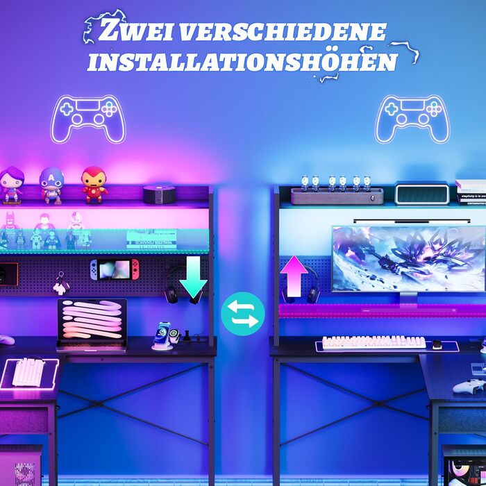 Письмовий стіл з перфорованою дошкою 135 x 90 см Кутовий стіл з полицею Великий ігровий стіл з розетками та портом USB для зарядки Ігровий стіл L-подібної форми з місцем для зберігання Чорний 135 x 90 x 152 см Чорний