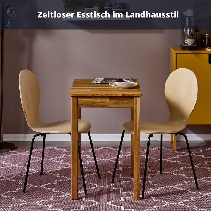 Обідній стіл KHG з масиву дуба 70x60 см - сільський стиль, прямий край, для 2-4 осіб, позачасовий дерев&39яний стіл, компактний, висота 75 см - маленький та міцний кухонний стіл 70 x 60 см, дуб