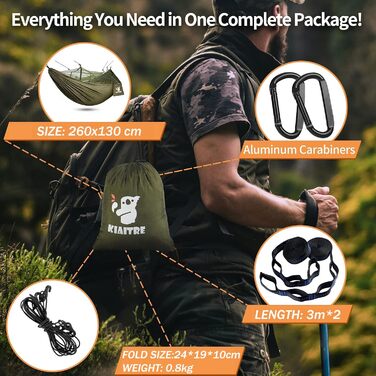 Гамак для вулиці з москітною сіткою - 260 x 130 см Легкий нейлон для походів, кемпінгу, піших прогулянок та пляжних пригод - вантажопідйомність 200 кг Зелений