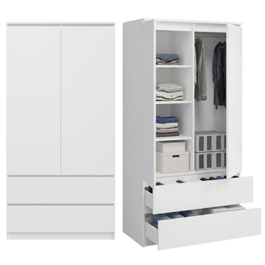 Домашня колекційна гардеробна, багатофункціональна шафа, побутова шафа 90x50x180 см (ШxГxВ) з 2 шухлядами, 3 полицями та вішалкою для одягу міцна, компактна та універсальна Білий (без подовжувача)