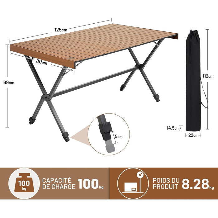 Складаний кемпінговий стіл TIMBER RIDGE 125x80 см з регульованою висотою XXL, кемпінговий багатофункціональний садовий стіл, портативний складний стіл великого розміру, 6 осіб, для пікніків на свіжому повітрі, приготування їжі, саду, походів, подорожей