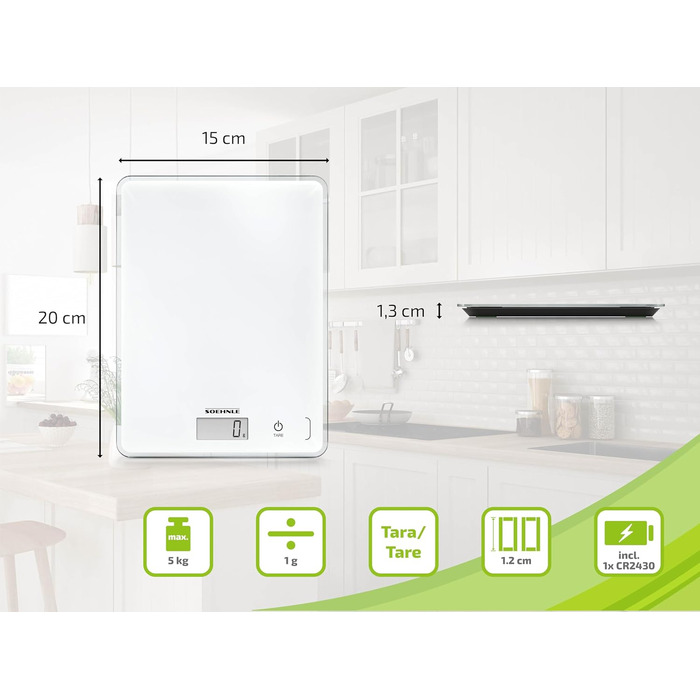 Кухонні ваги Soehnle Page Compact 300 білі, цифрові кухонні ваги до 5 кг, ваги зі зручним для читання РК-дисплеєм, цифрові ваги з
