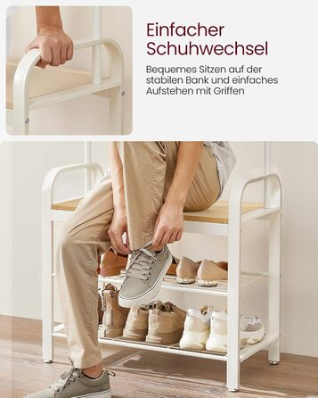 Вішалка для одягу VASAGLE, Шафа з лавкою для взуття, Дизайн 4-в-1, 9 знімних гачків, Штанга для одягу, Вхідна зона, Коридор, 33,7 x 72 x 183 см, Сучасний, Дубово-білий HSR40W 72B см Кремовий