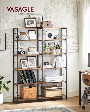 Книжкова полиця VASAGLE, окремостояча полиця з 6 полицями, 30 x 120 x 170 см, промисловий дизайн, для вітальні, кабінету, балкону, кухні, вінтажний коричнево-чорний колір LLS114B01